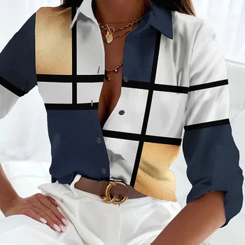 Camicetta donna elegante 2024 primavera e autunno temperamento .Top manica lunga stampa a righe camicia tascabile Slim Fit da ufficio