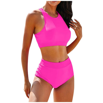 Costume da bagno donna canotta tinta unita costume da bagno donna a vita alta diviso in due pezzi