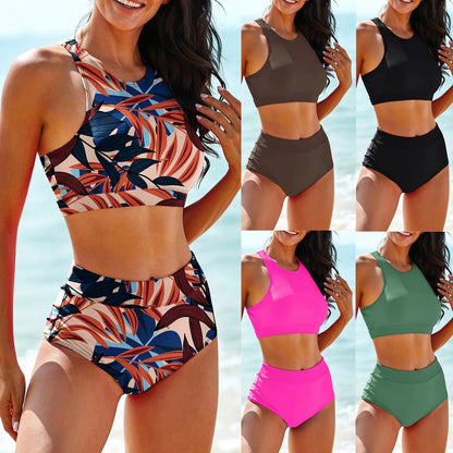 Costume da bagno donna canotta tinta unita costume da bagno donna a vita alta diviso in due pezzi