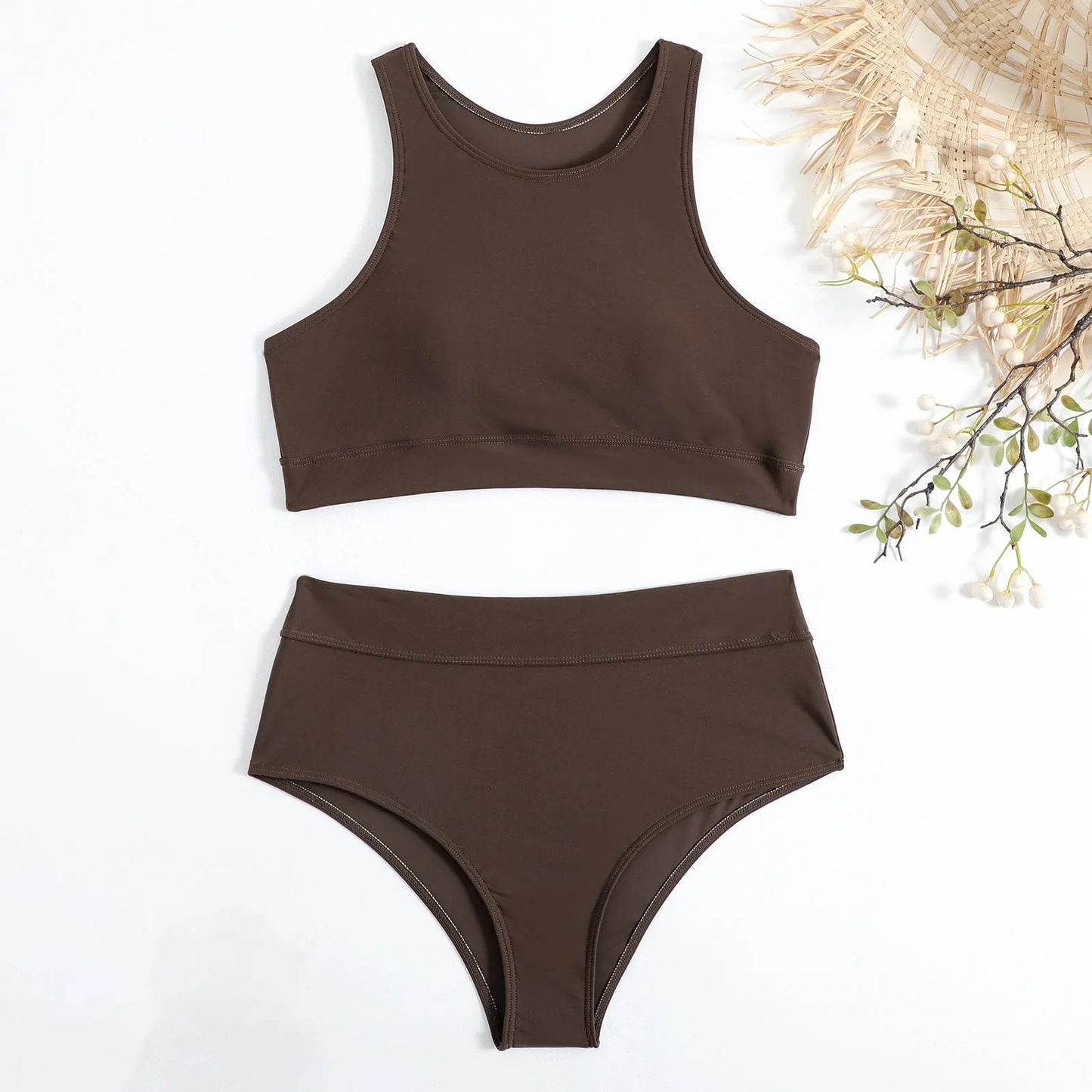 Costume da bagno donna canotta tinta unita costume da bagno donna a vita alta diviso in due pezzi
