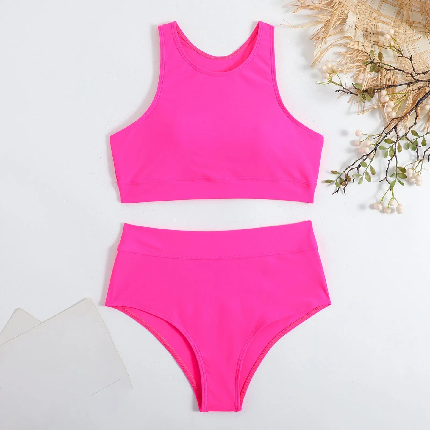 Costume da bagno donna canotta tinta unita costume da bagno donna a vita alta diviso in due pezzi